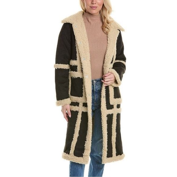NWT Rebecca Minkoff Black Creme Long Vegan Shearling Coat Large